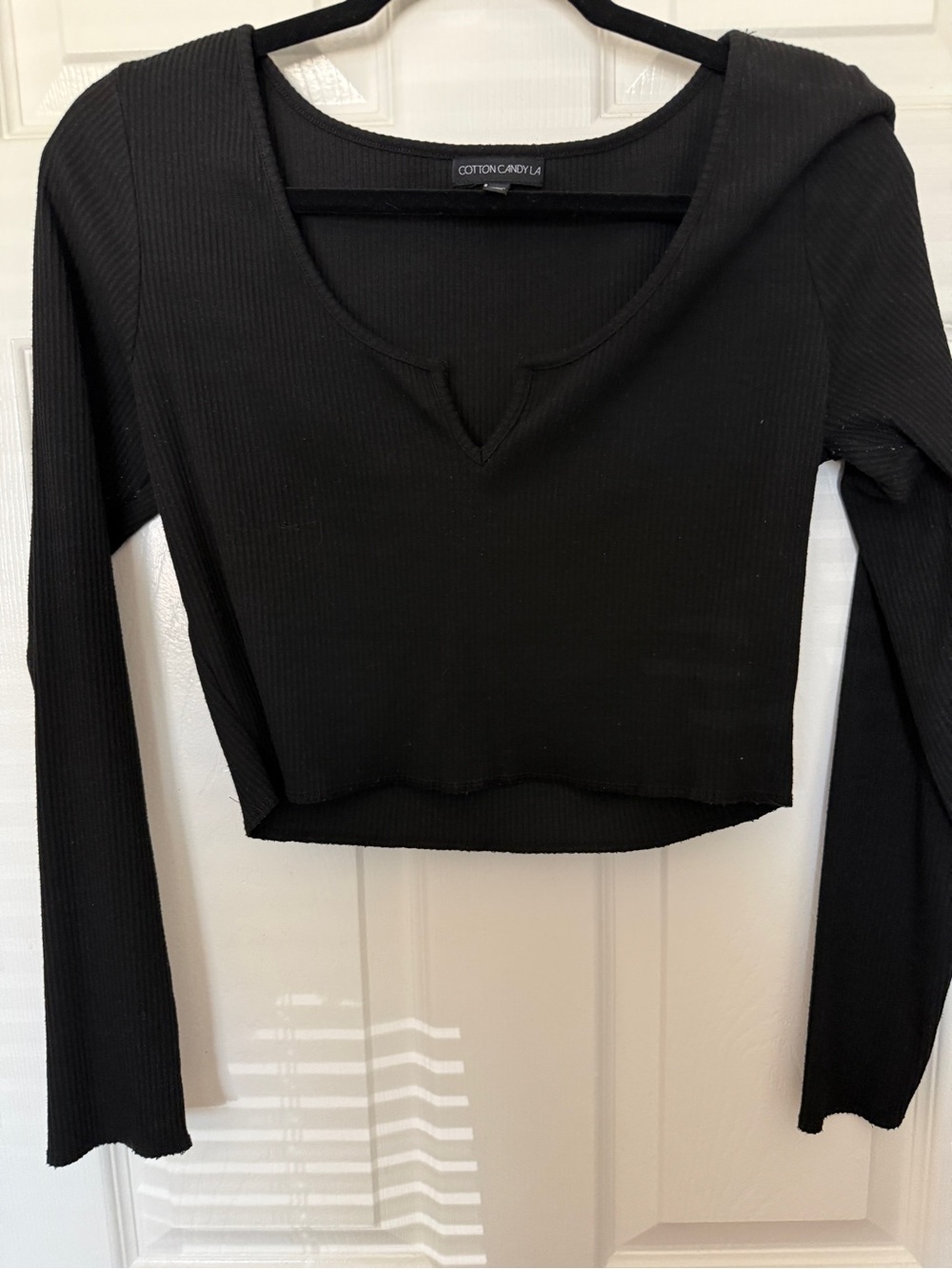 Cotton Candy Black Ribbed V-Notch Long Sleeve Crop Top